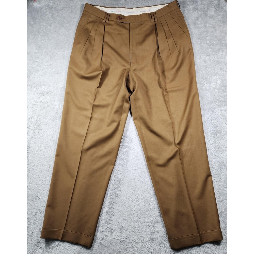 Canali Proposta Pants Mens 36x29 (Fits 34x30) Brown Wool Pleated Cuffed Italy